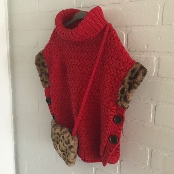 Aspen Cutest Capelet EVER Cape Red Twn brown leopard faux fur Girl Sz S - Picture 2 of 9